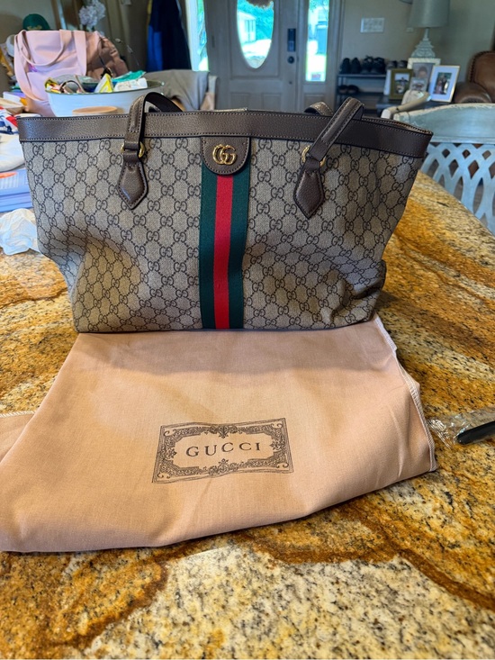 Gucci Handbags - Gucci Brown GG Supreme Tote with Green and Red Web Stripe